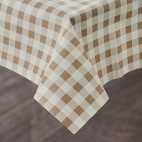 Circular PVC Coated Tablecloth - Waterproof Dining Table Surface Protector Cover - Measures 135cm Diameter, Latte Gingham