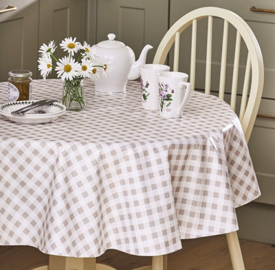 Circular PVC Coated Tablecloth - Waterproof Dining Table Surface Protector Cover - Measures 135cm Diameter, Latte Gingham
