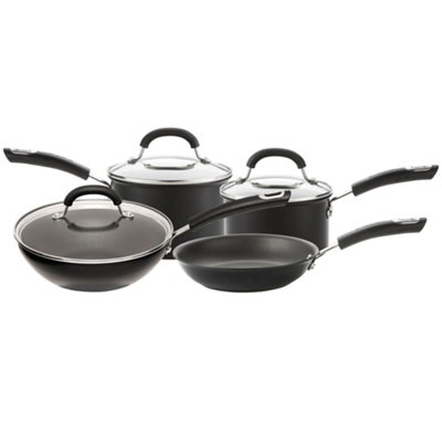 Circulon Total Black Round Hard Anodised Aluminium Induction Suitable Cookware Pan Set with Glass Lids Pack of 4