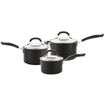 Circulon Total Black Round Hard Anodised Induction Suitable Saucepan Set with Glass Lids Pack of 3