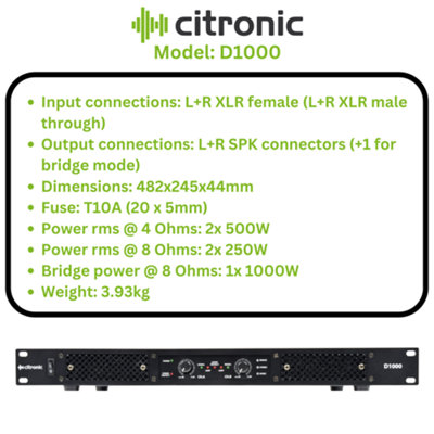Citronic D1000 Class-D Power Amplifier 2x 500Wrms Rack Mountable