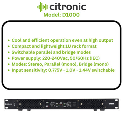 Citronic D1000 Class-D Power Amplifier 2x 500Wrms Rack Mountable
