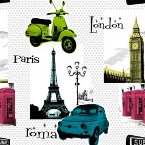 City Wallpaper Countries Landmarks Skyline Motorbikes Cars Dotted White Multi