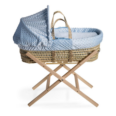 Clair de Lune Blue Dimple Palm Moses Basket With Natural Folding Stand