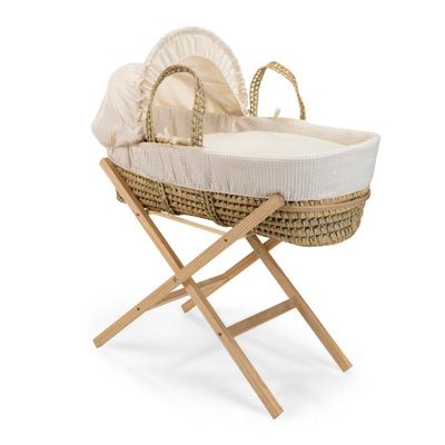 Clair de Lune Cream Waffle Palm Moses Basket With Natural Folding Stand