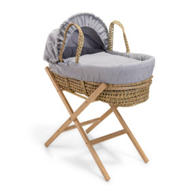 Clair de Lune Grey Waffle Palm Moses Basket With Natural Folding Stand