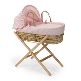 Clair de Lune Pink Waffle Palm Moses Basket With Natural Folding Stand