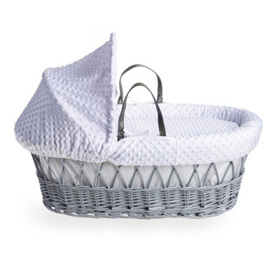 Clair de Lune White Dimple Grey Wicker Moses Basket With Grey Rocking Stand