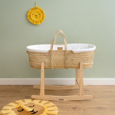 Clair de Lune White Organic Palm Moses Basket With Natural Rocking Stand