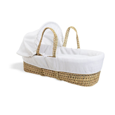 Clair de Lune White Waffle Palm Moses Basket With Natural Folding Stand