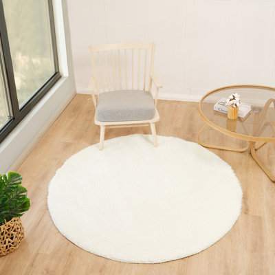 CLAIRE Round Shaggy Solid Color Plush Pile Off-White Area Rug 120 x 120 cm