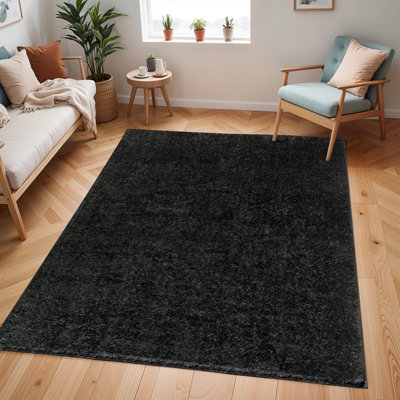 CLAIRE Shaggy Solid Color Plush Pile Black Area Rug 200 x 275 cm