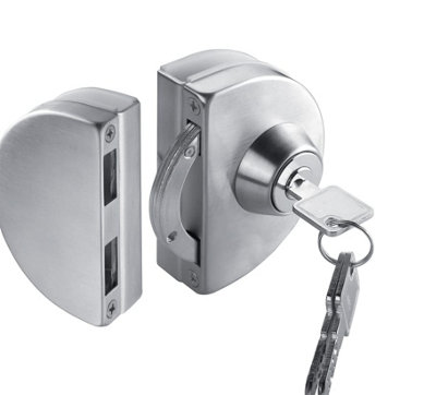 Clamp-on lock with hook bolt, keep, brushed stainless steel