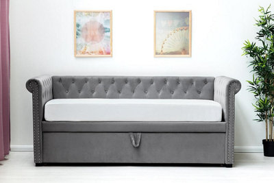 Clarendon Grey Velvet Chesterfield Style Day Bed with Trundle Single Size 3ft