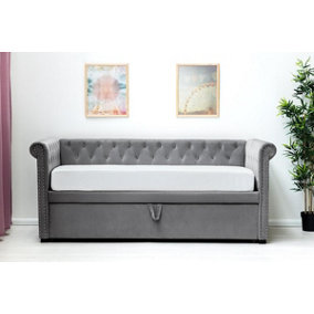 Clarendon Grey Velvet Chesterfield Style Day Bed with Trundle Single Size 3ft