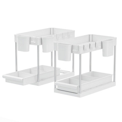 Clarisworld 2 Tier Under Sink organizer slide out drawer with unique handle, Multi-purpose Use 40.7x22x32.5cm (Pack of 2-White)