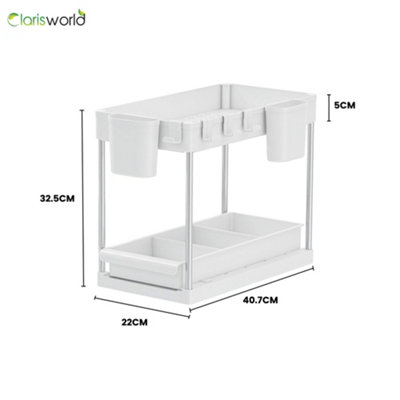 Clarisworld 2 Tier Under Sink organizer slide out drawer with unique handle, Multi-purpose Use 40.7x22x32.5cm (Pack of 2-White)