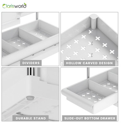 Clarisworld 2 Tier Under Sink organizer slide out drawer with unique handle, Multi-purpose Use 40.7x22x32.5cm (Pack of 2-White)