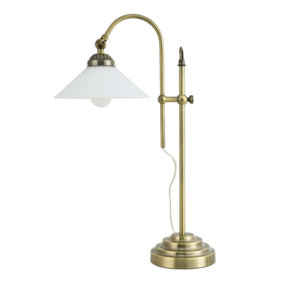 Classic and Vintage Antique Brass Lamp with Adjustable Height and Glass Shade