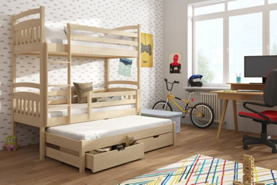 Classic Bunk Bed with Trundle & Storage in Pine Oak - Multi-functional Design (H1640mm x W1980mm x D980mm)