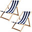 Classic Folding Wood Deck Chairs Set of 2 - Adjustable Deck Chair for Beach/Garden - Seaside Lounger with Navy Blue Canvas Fabric