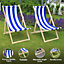 Classic Folding Wood Deck Chairs Set of 2 - Adjustable Deck Chair for Beach/Garden - Seaside Lounger with Navy Blue Canvas Fabric