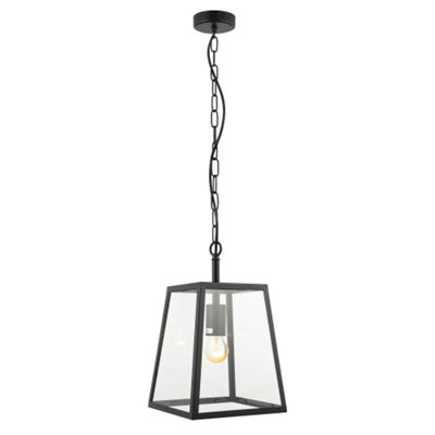 Classic Lantern Pendant Ceiling Light in Matte Black with Clear Glass Sides