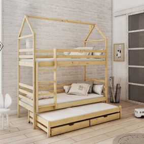 Classic Pine Dhalia Bunk Bed with Trundle & Foam Bonnell Mattresses - Timeless (H2170mm W1980mm D980mm)