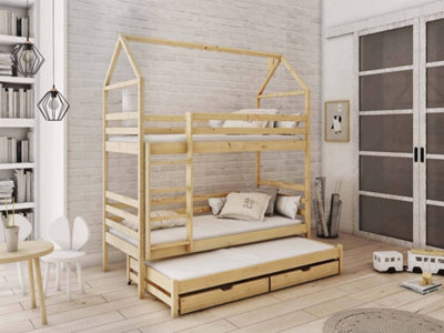 Classic Pine Dhalia Bunk Bed with Trundle & Foam Bonnell Mattresses - Timeless (H2170mm W1980mm D980mm)