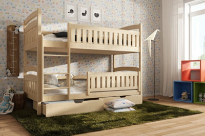 Classic Pine Ignas Bunk Bed with Safety Railings, Storage and Foam Bonnell Mattresses - Versatile Design (H1560mm W1980mm D980mm)