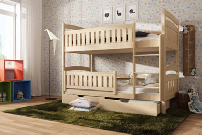 Classic Pine Ignas Bunk Bed with Safety Railings, Storage and Foam Mattresses - Versatile Design (H1560mm W1980mm D980mm)