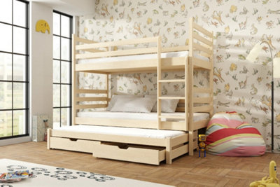 Classic Pine Tomi Bunk Bed with Trundle and Storage for Kids (H)1610mm (W)1980mm (D)980mm, Multi-Functional