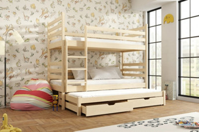Classic Pine Tomi Bunk Bed with Trundle, Bonnell Mattresses and Storage for Kids (H)1610mm (W)1980mm (D)980mm, Multi-Functional