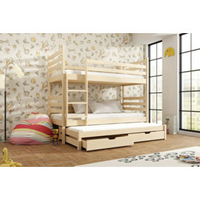 Classic Pine Tomi Bunk Bed with Trundle, Bonnell Mattresses and Storage for Kids (H)1610mm (W)1980mm (D)980mm, Multi-Functional