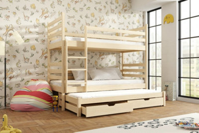 Classic Pine Tomi Bunk Bed with Trundle, Foam Mattresses and Storage for Kids (H)1610mm (W)1980mm (D)980mm, Multi-Functional