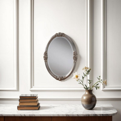 Classic Rose Detailed Oval Wall Mirror Silver