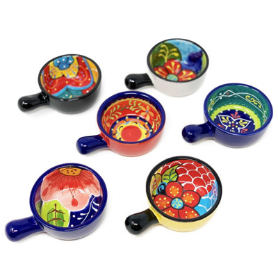 Classic Spanish Hand Painted Kitchen Dining Set of 6 Small Tapas Dishes w/ Handles (Diam) 8.5cm