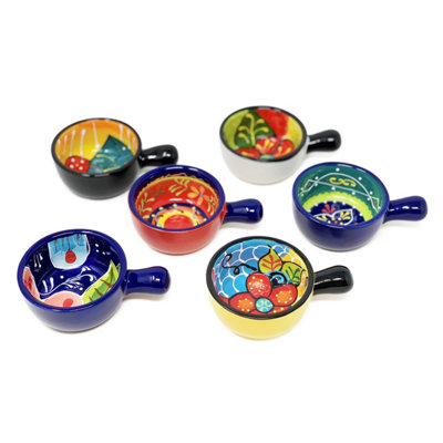 Classic Spanish Hand Painted Kitchen Dining Set of 6 Small Tapas Dishes w/ Handles (Diam) 8.5cm