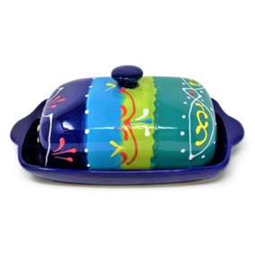 Classic Spanish Hand Painted Pattern Kitchen Dining Butter Dish (L) 19cm x (H) 7cm Blue/Green