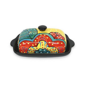 Classic Spanish Hand Painted Pattern Kitchen Dining Butter Dish (L) 19cm x (H) 7cm Red/Yellow Flower