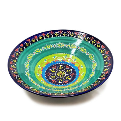 Classic Spanish Hand Painted Pattern Kitchen Dining Extra Large Conical Bowl 38cm Blue/Green