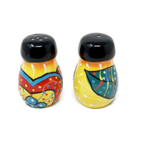 Classic Spanish Hand Painted Pattern Kitchen Dining Salt & Pepper Pots (H) 5.5cm Red/Yellow Flower