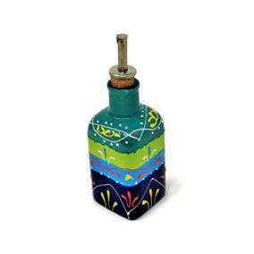 Classic Spanish Hand Painted Pattern Kitchen Dining Squared Oil Drizzler 250ml Blue/Green