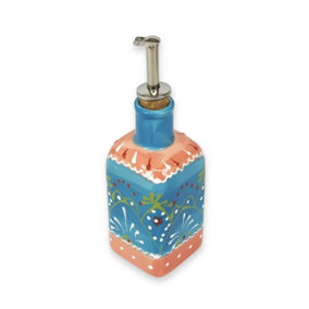Classic Spanish Hand Painted Pattern Kitchen Dining Squared Oil Drizzler 250ml Blue/Pink