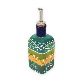 Classic Spanish Hand Painted Pattern Kitchen Dining Squared Oil Drizzler 250ml Orange/Green