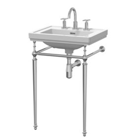 Classic Traditional 3 Tap Hole Fireclay Basin with Luxury Wash Stand & Bottle Trap (Tap Not Included) - 500mm - Chrome - Balterley
