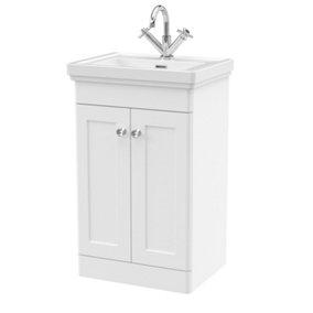 Classic Traditional Floor Standing 2 Door Vanity Unit with 1 Tap Hole Fireclay Basin, 500mm - Satin White - Balterley