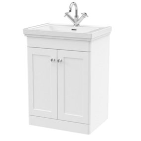 Classic Traditional Floor Standing 2 Door Vanity Unit with 1 Tap Hole Fireclay Basin, 600mm - Satin White - Balterley