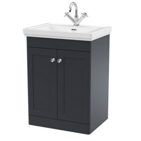 Classic Traditional Floor Standing 2 Door Vanity Unit with 1 Tap Hole Fireclay Basin, 600mm - Soft Black - Balterley