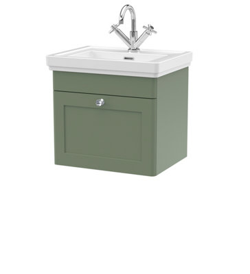 Classic Traditional Wall Hung 1 Drawer Vanity Unit with 1 Tap Hole Fireclay Basin, 500mm - Satin Green - Balterley